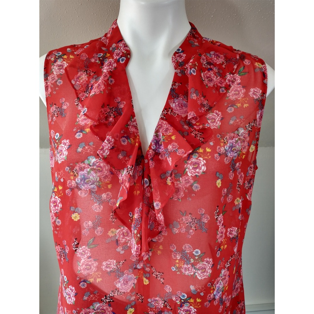 CAbi Crush 5219 Red Floral Ruffle V-Neck Chiffon Cottagecore Blouse Size Medium